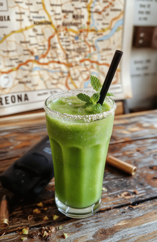 A frosty tall glass filled with vibrant neon-green carbonated soda floating with vanilla ice cream and crushed pistachios, condensation beading on the outside, served with a striped reusable straw and a sprig of mint on a rustic wooden table with post-apocalyptic decor elements like a faded map and a cracked walkie-talkie in the background.