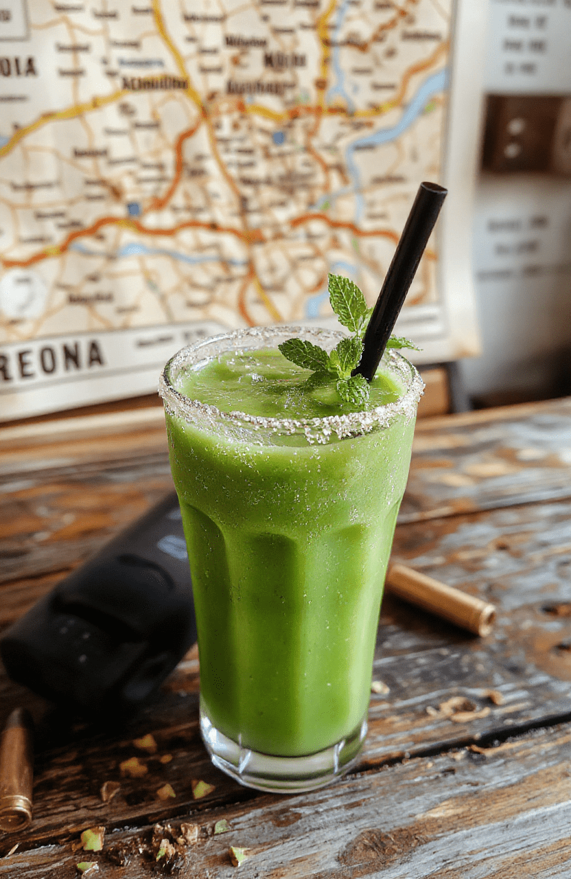 A frosty tall glass filled with vibrant neon-green carbonated soda floating with vanilla ice cream and crushed pistachios, condensation beading on the outside, served with a striped reusable straw and a sprig of mint on a rustic wooden table with post-apocalyptic decor elements like a faded map and a cracked walkie-talkie in the background.