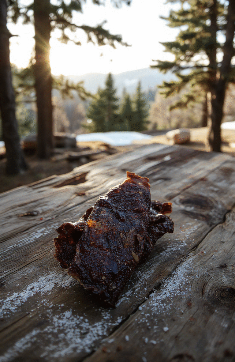 Dark smoked venison jerky strips arranged on a rustic wooden cutting board with charcoal marks, surrounded by dried thyme, crushed red pepper flakes, and a subtle mist rising from the plate, set against a backdrop of a post-apocalyptic Wyoming forest at dusk with muted orange and gray tones.