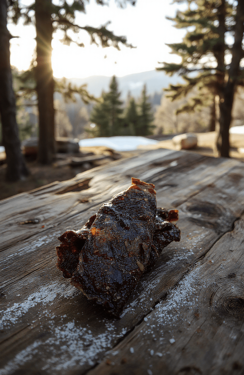 Dark smoked venison jerky strips arranged on a rustic wooden cutting board with charcoal marks, surrounded by dried thyme, crushed red pepper flakes, and a subtle mist rising from the plate, set against a backdrop of a post-apocalyptic Wyoming forest at dusk with muted orange and gray tones.