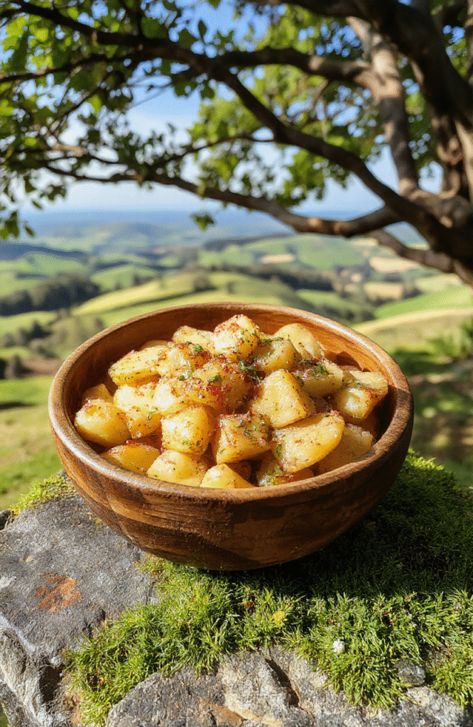 Golden-brown roasted potatoes with crispy edges, nestled in a rustic wooden bowl on a weathered stone table, garnished with fresh rosemary sprigs and flaky sea salt, against a backdrop of misty green hills and distant mountain peaks, evoking the Shire landscape.
