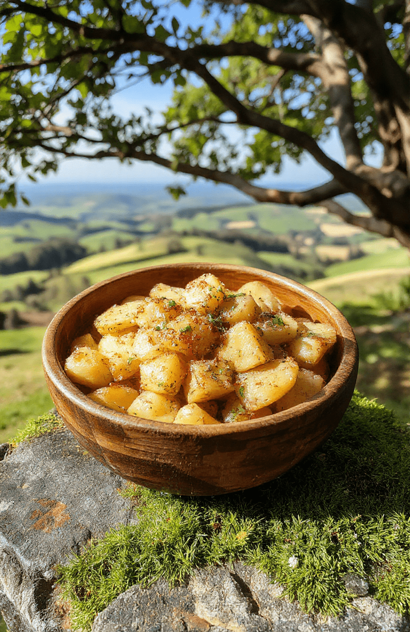 Golden-brown roasted potatoes with crispy edges, nestled in a rustic wooden bowl on a weathered stone table, garnished with fresh rosemary sprigs and flaky sea salt, against a backdrop of misty green hills and distant mountain peaks, evoking the Shire landscape.