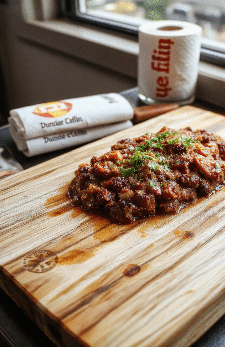 Hearty bowl of Kevin's Famous Chili with rich brown texture, chunks of ground beef, beans, and diced tomatoes, garnished with shredded cheddar cheese, sour cream, and green onions, served in a white ceramic bowl on a wooden table with a Dunder Mifflin paper towel roll in the background.