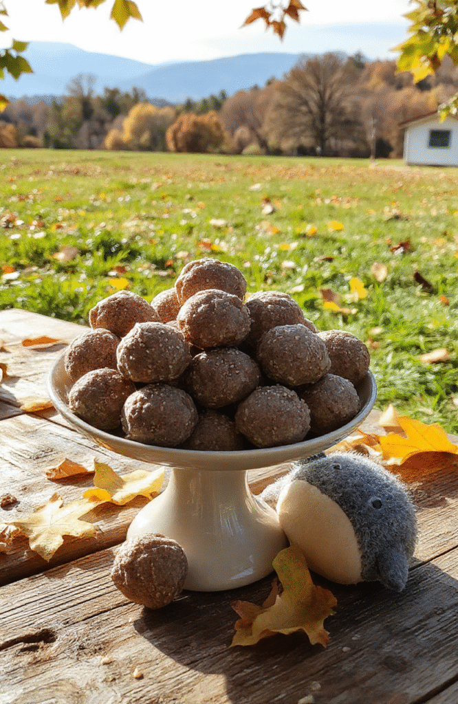 Pastel green and cream-colored choux puffs dusted with toasted grey sesame seeds, arranged on a rustic wooden tray beside a soft plush Totoro figurine and scattered with edible gold flakes under dappled forest-light sunlight. Steam rises gently from the warm puffs, and a drizzle of honey glistens on one split puff, revealing its vanilla custard filling.