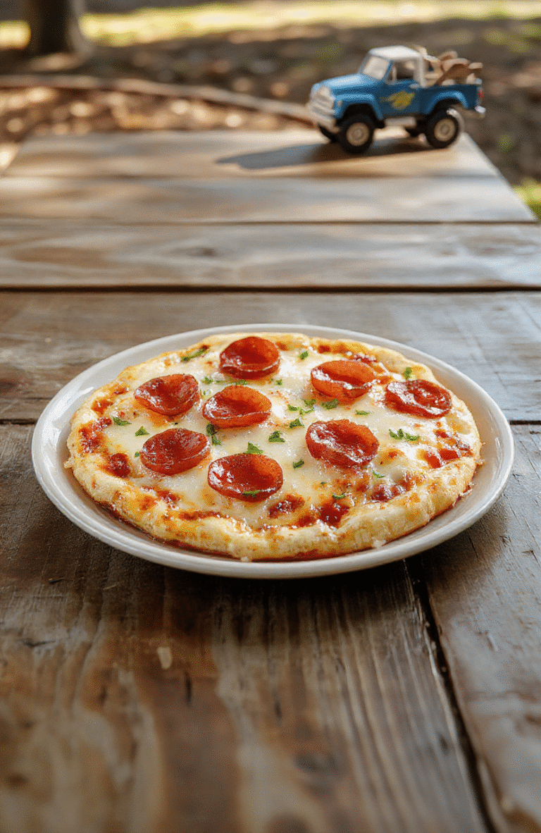 A close-up of a freshly baked pepperoni pizza on a vintage Pizza Planet delivery box with the iconic blue-and-yellow logo, topped with melted mozzarella, crisp pepperoni slices, and a dusting of oregano, placed on a rustic wooden table with soft shadows and natural lighting