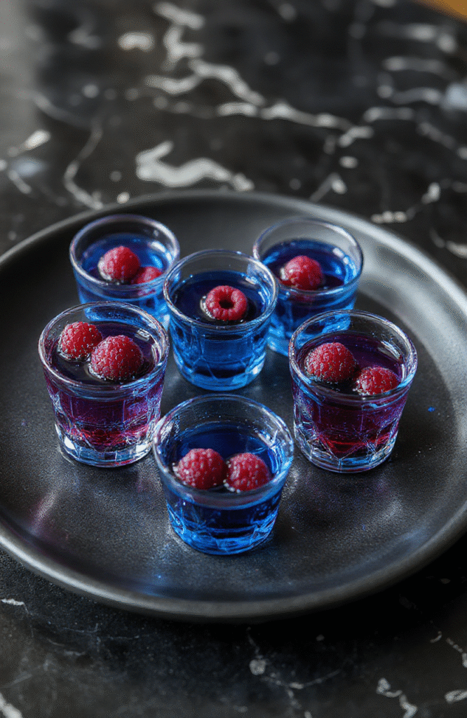 Glowing blue raspberry Jell-O shots served in clear shot glasses with a crisp white background, dusted with edible glitter to mimic a neon grid, placed on a reflective black surface with subtle digital circuit pattern shadows.