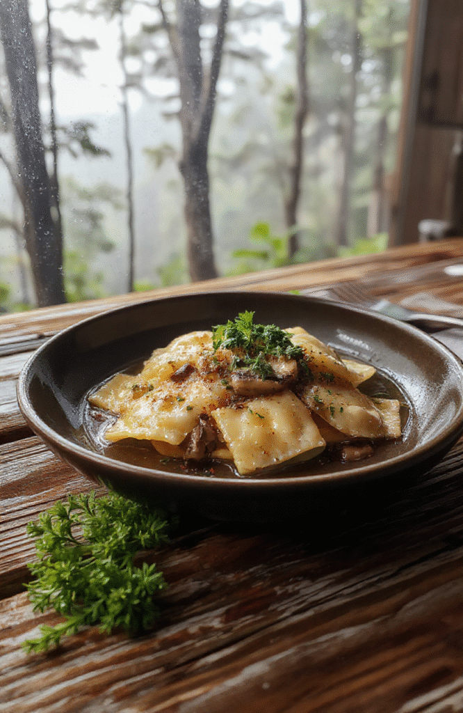 Handmade mushroom ravioli with delicate golden edges, nestled on a rustic wooden board, drizzled with glossy truffle oil and garnished with fresh thyme and toasted pine nuts. Background features soft twilight violet and deep green tones, evoking a mystical forest ambiance.
