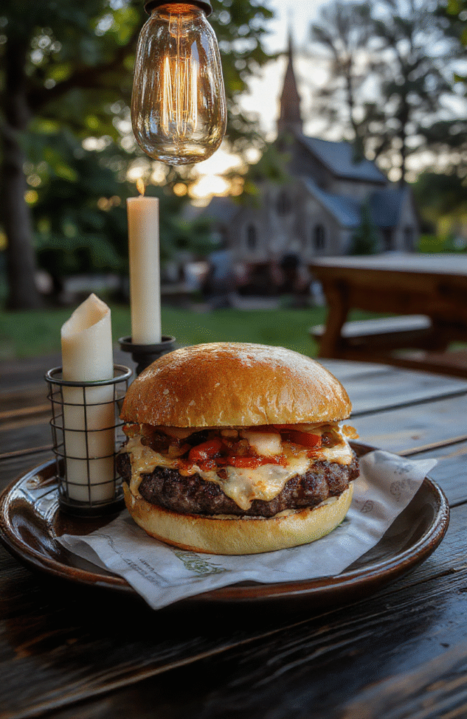 Juicy beef burger on a toasted brioche bun with melted American cheese, crispy bacon, caramelized onions, and a drizzle of garlic aioli, placed on a rustic wooden board beside a flickering candle and a vintage Mystic Grill napkin, soft bokeh background with cool blue tones reminiscent of the Mystic Falls nightscape.