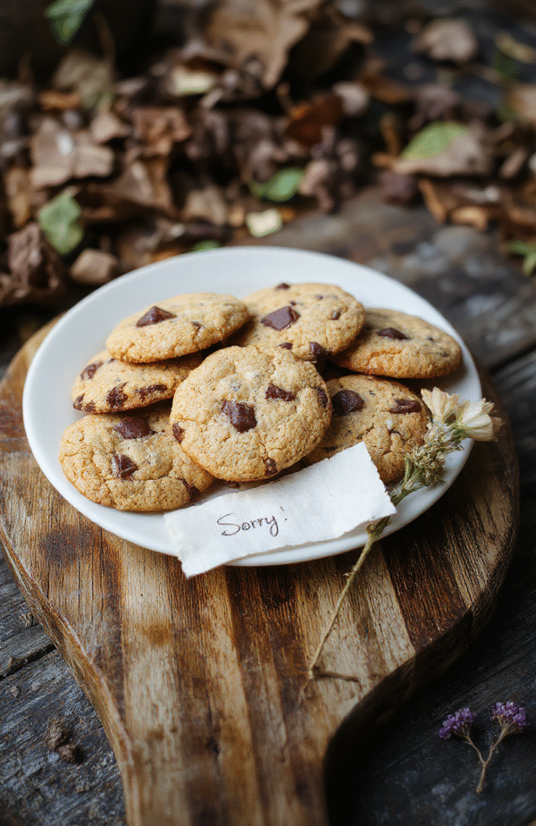 A rustic wooden board holding warm, soft-baked chocolate chip cookies with golden edges and melty chocolate chips, dusted lightly with powdered sugar, arranged neatly next to a torn piece of paper with a handwritten 'Sorry' note and a small wilted wildflower, set against a desaturated post-apocalyptic backdrop with soft natural light and subtle decay textures
