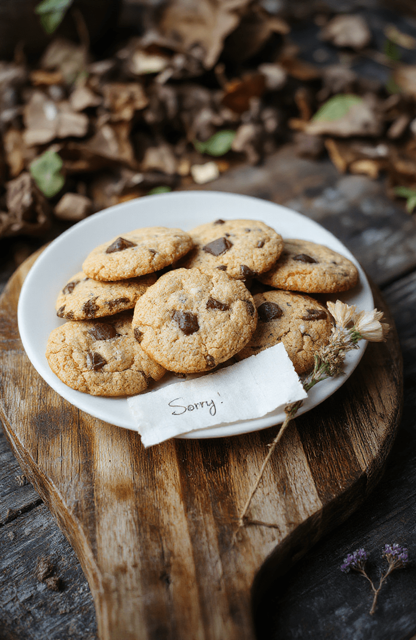 A rustic wooden board holding warm, soft-baked chocolate chip cookies with golden edges and melty chocolate chips, dusted lightly with powdered sugar, arranged neatly next to a torn piece of paper with a handwritten 'Sorry' note and a small wilted wildflower, set against a desaturated post-apocalyptic backdrop with soft natural light and subtle decay textures