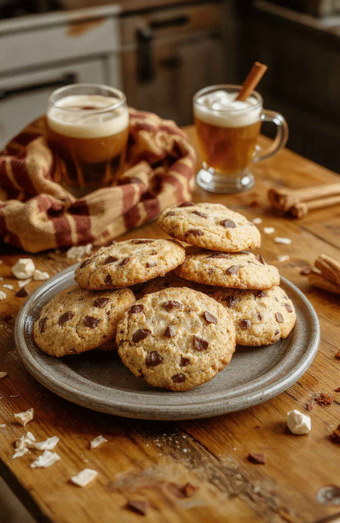Golden-brown butterbeer cookies arranged on a rustic wooden tray with a dusting of cinnamon-sugar, soft caramel swirls glistening, next to a steaming mug of butterbeer with whipped cream and a cinnamon stick, warm lighting highlights the cookies’ crisp edges and chewy centers, cozy Harry Potter-themed table setting with vintage parchment and vintage glass bottle.