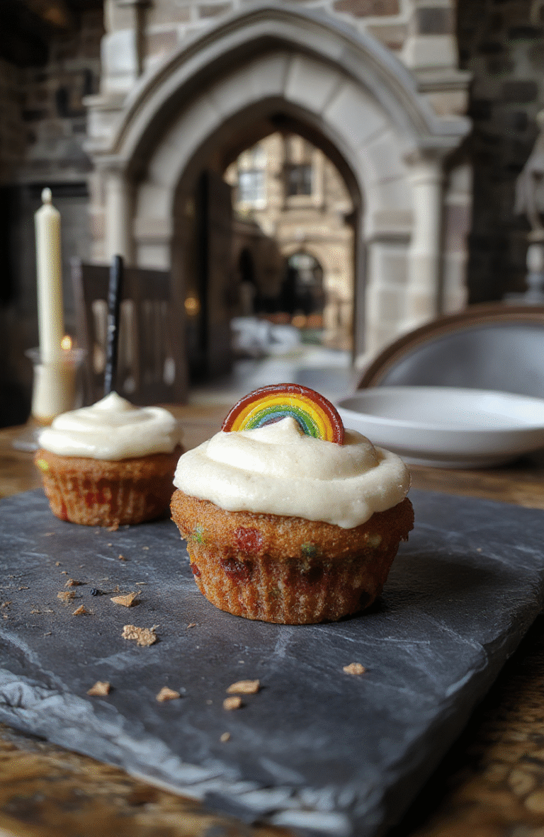 Black and purple-swirled cupcakes with iridescent rainbow crumb cake layers and edible glitter frosting, topped with a tiny black raven cookie and sprig of wolfsbane green fondant, served on a slate slab with faux wrought iron tableware against a moody Library background.