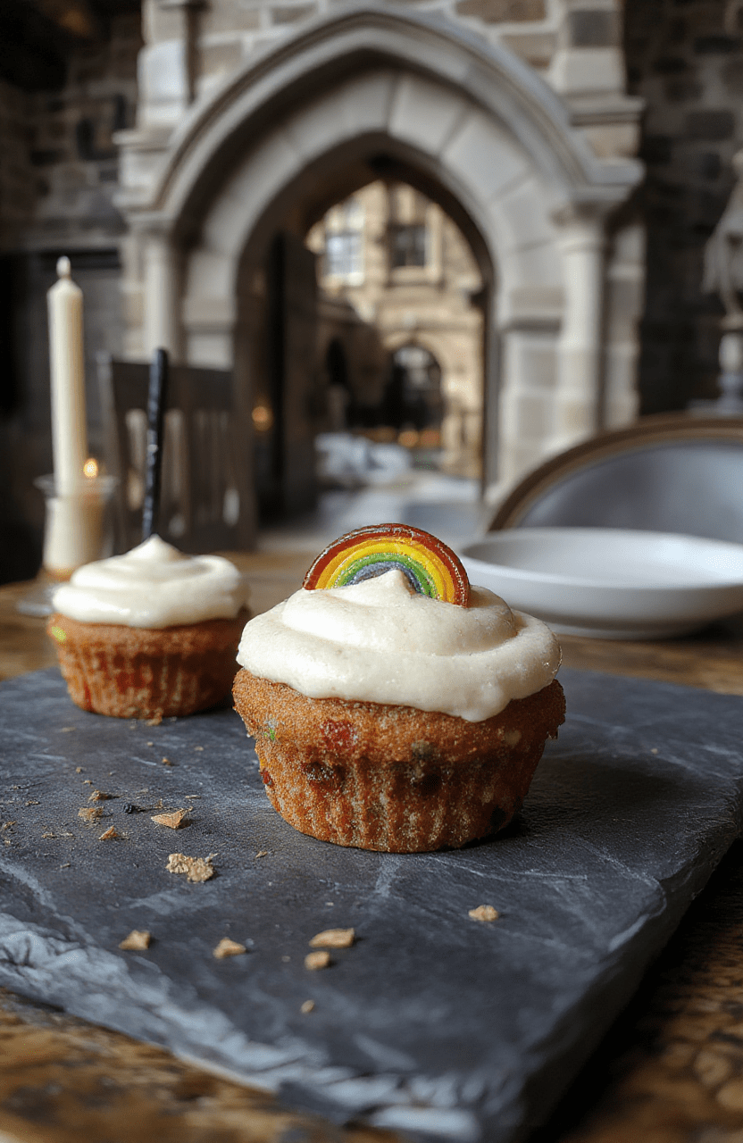 Black and purple-swirled cupcakes with iridescent rainbow crumb cake layers and edible glitter frosting, topped with a tiny black raven cookie and sprig of wolfsbane green fondant, served on a slate slab with faux wrought iron tableware against a moody Library background.