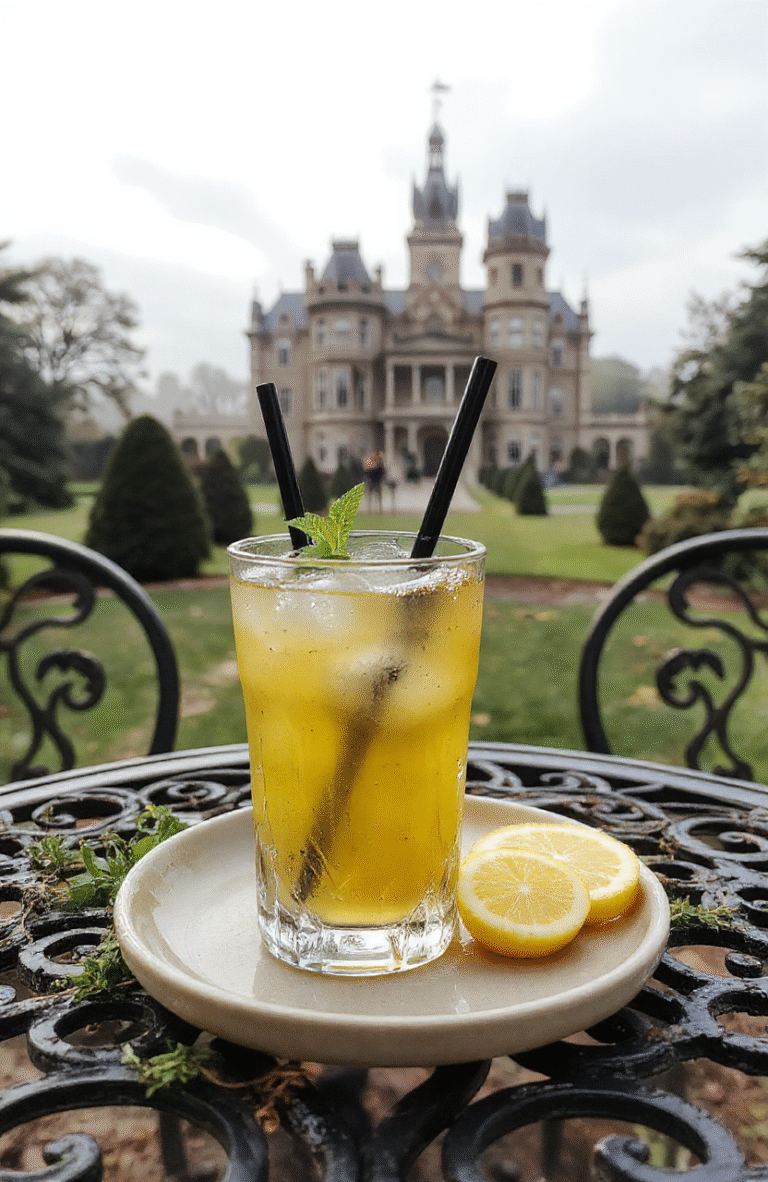 A tall, frosted tall glass of pale lemon-yellow lemonade with blackliqueur swirls, garnished with charcoal sugar rim, blackberries, and a sprig of dried rosemary, set on a weathered black wrought-iron table in a moonlit Victorian garden with ivy-covered walls, soft focus background showing a gothic mansion
