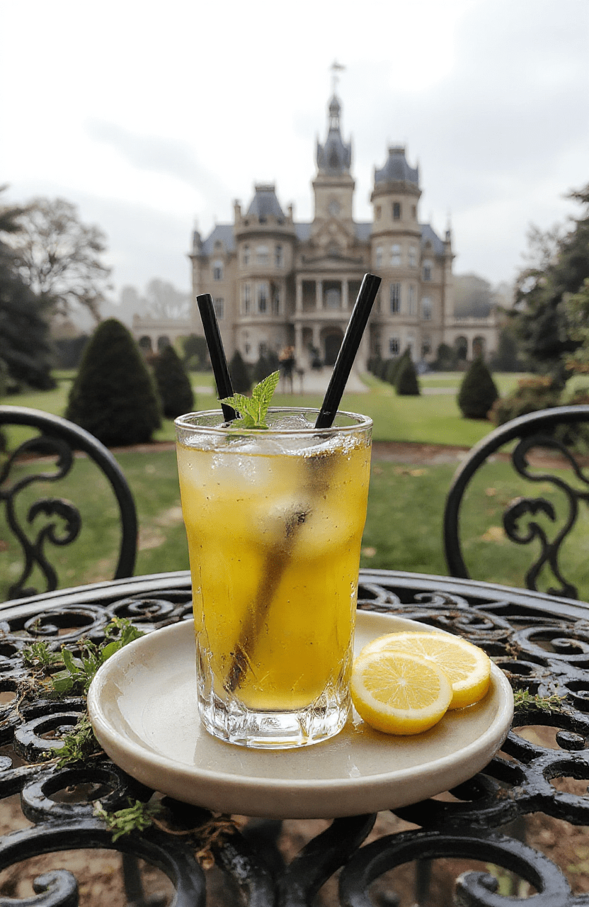 A tall, frosted tall glass of pale lemon-yellow lemonade with blackliqueur swirls, garnished with charcoal sugar rim, blackberries, and a sprig of dried rosemary, set on a weathered black wrought-iron table in a moonlit Victorian garden with ivy-covered walls, soft focus background showing a gothic mansion