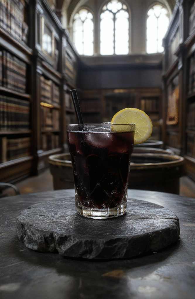 Pitch-black lemonade in a clear glass with vibrant yellow lemon slices and charcoal sugar rim, garnished with dried chamomile and edible black sesame seeds, placed on a wooden table with subtle Gothic cathedral window light in background.