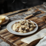 Dark, moody moonlit mushroom risotto in a shallow black ceramic bowl, garnished with edible black truffle shavings, microgreens, and a single dried rose petal, seated on a weathered wooden table with soft candlelight glow and faint moonlight reflection