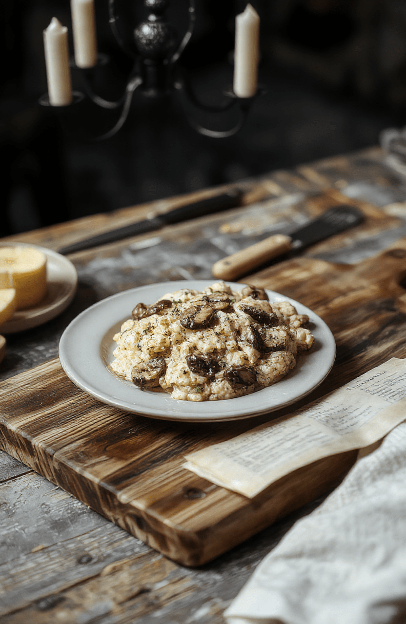 Dark, moody moonlit mushroom risotto in a shallow black ceramic bowl, garnished with edible black truffle shavings, microgreens, and a single dried rose petal, seated on a weathered wooden table with soft candlelight glow and faint moonlight reflection