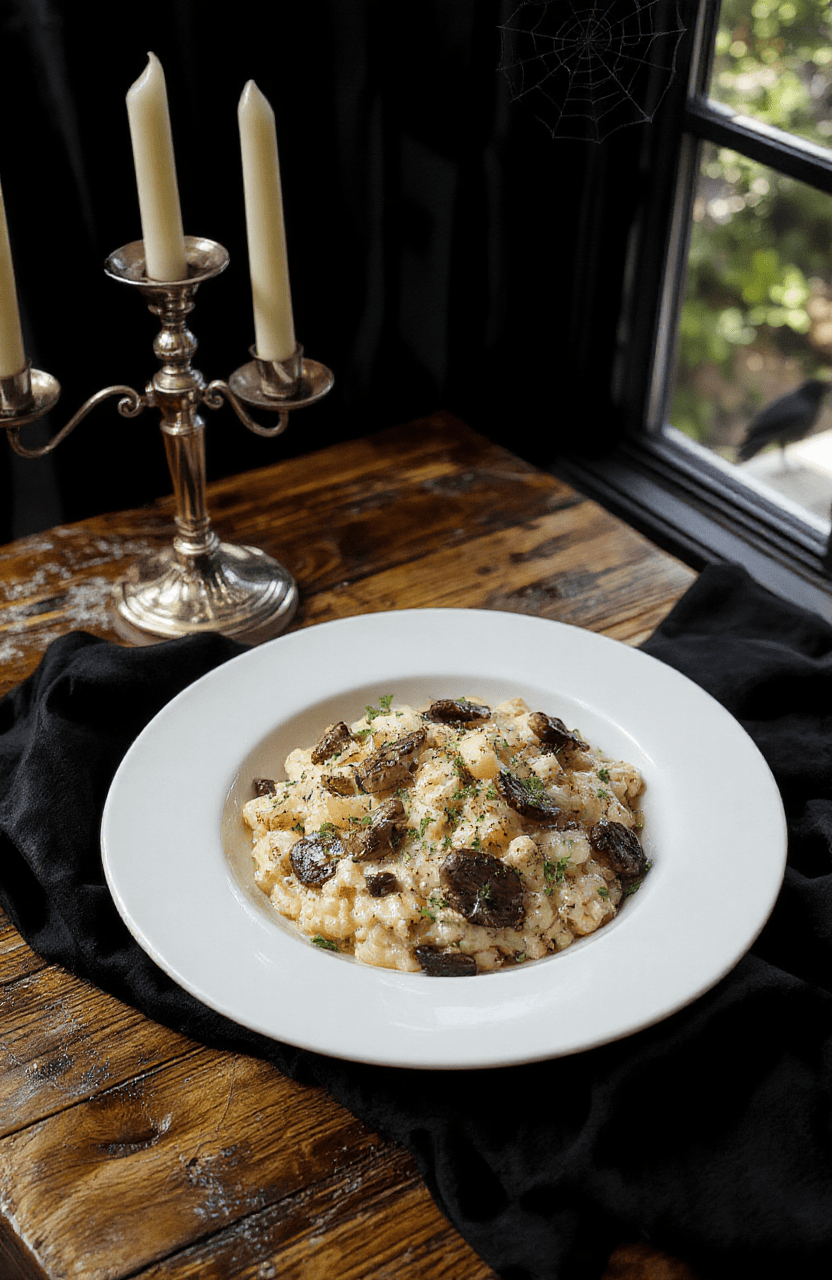 A bowl of creamy, glossy mushroom Risotto drizzled with truffle oil, garnished with fresh thyme and black sesame seeds, placed on a rustic wooden board with flickering candlelight and a single candle stub, soft shadows, dark elegant background, cinematic lighting, slightly moody ambiance