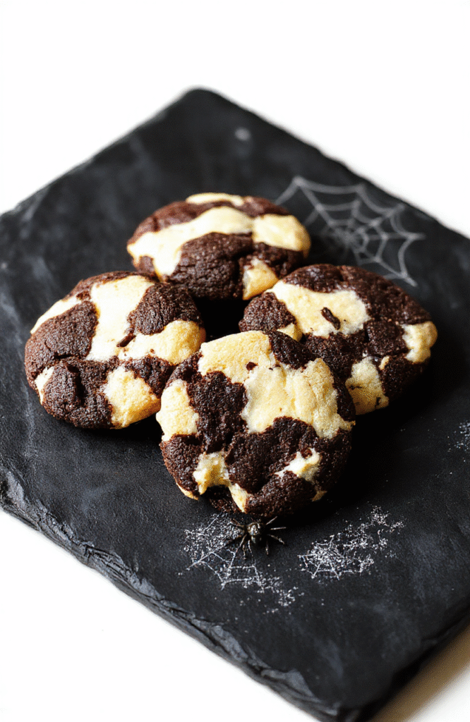 Two dramatic black-and-white chocolate cookies with clean contrast, placed on a matte black tile surface, dusted with edible silver sugar crystals, styled like Wednesday Addams’ gothic aesthetic with subtle spiderweb patterns and deep shadows, soft natural light from above.