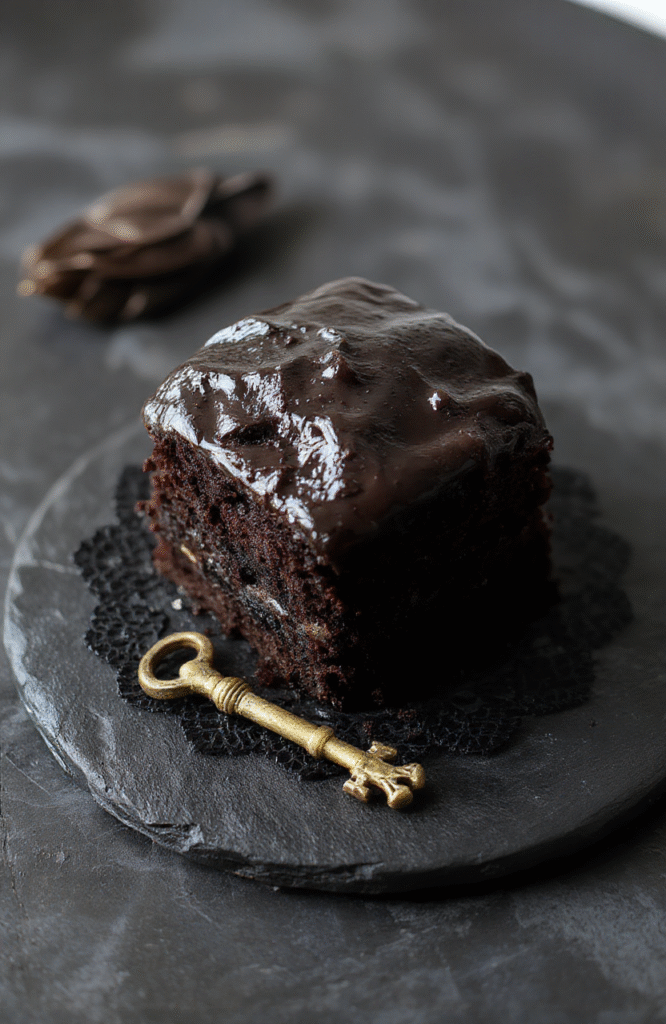 Dark, glossy black velvet cake with deep burgundy crumb, layered with rich chocolate buttercream, dusted with edible black pearl sugar and edible gold flakes, topped with miniature raven figurines and dried blackberries, on a matte black cake stand beside vintage gothic cutlery, soft natural light casting subtle shadows.