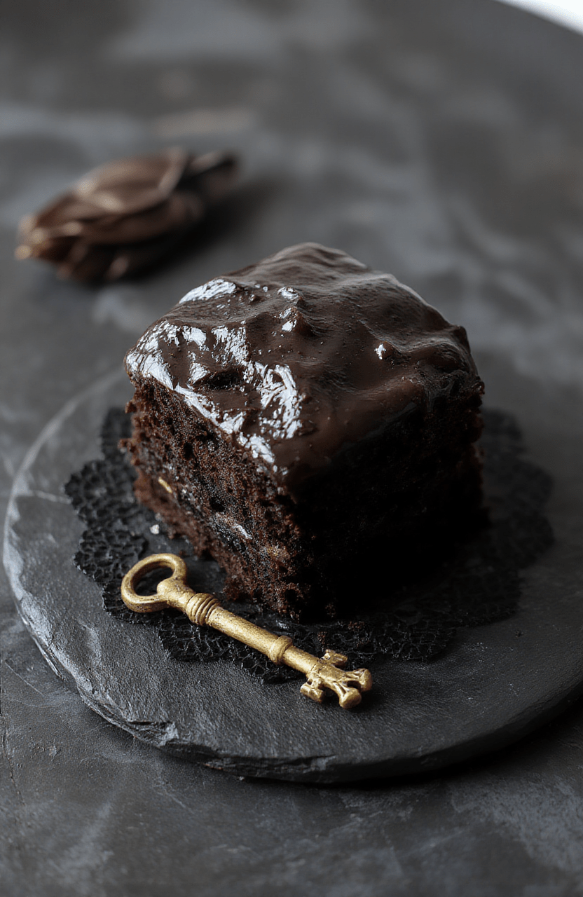 Dark, glossy black velvet cake with deep burgundy crumb, layered with rich chocolate buttercream, dusted with edible black pearl sugar and edible gold flakes, topped with miniature raven figurines and dried blackberries, on a matte black cake stand beside vintage gothic cutlery, soft natural light casting subtle shadows.