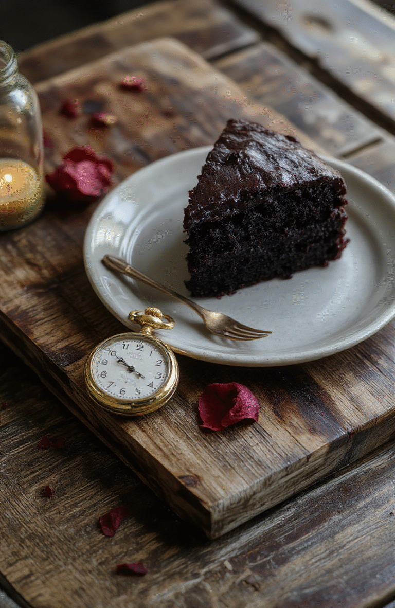 A decadent, pitch-black velvet cake layered with glossy black glaze and white chocolate spider decorations, resting on a rustic wooden board beside a single red rose and a vintage pocket watch, in moody candlelight with deep purple and charcoal tones.