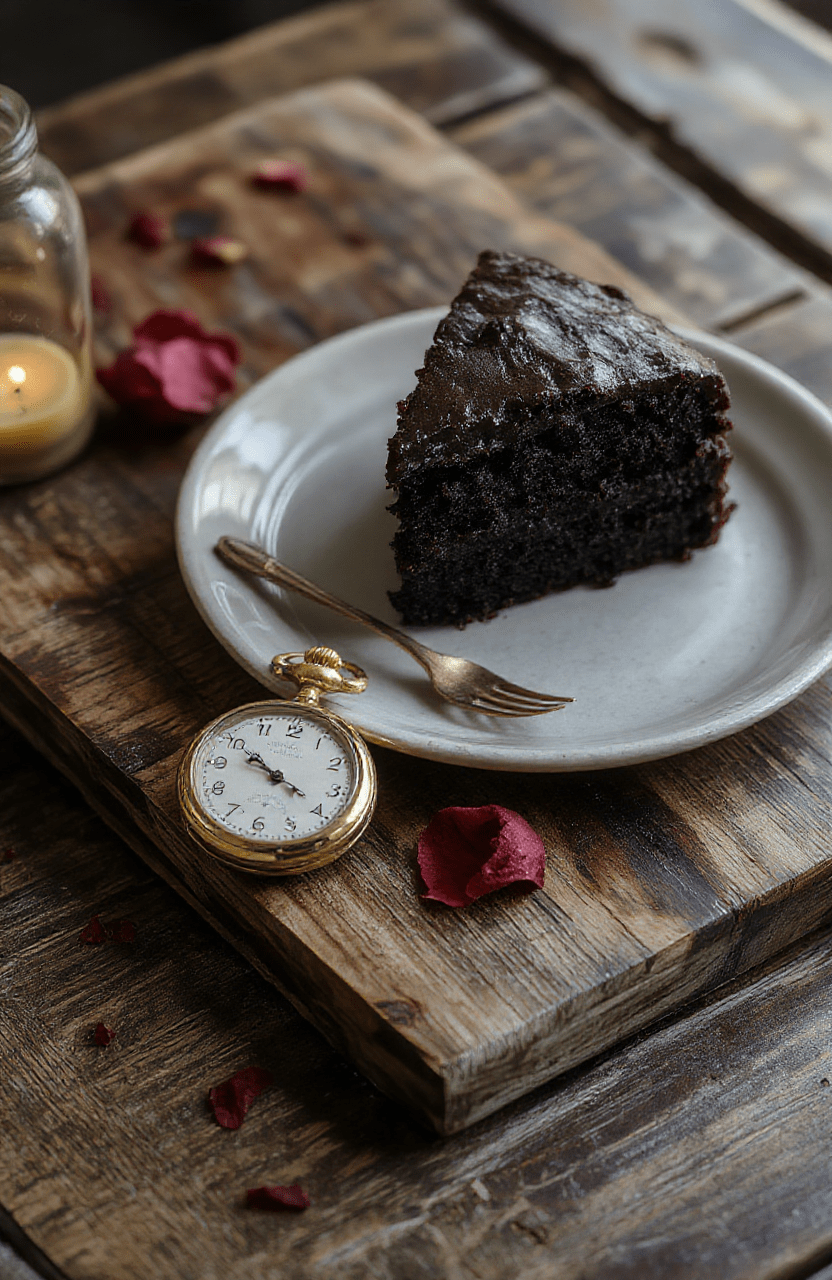 A decadent, pitch-black velvet cake layered with glossy black glaze and white chocolate spider decorations, resting on a rustic wooden board beside a single red rose and a vintage pocket watch, in moody candlelight with deep purple and charcoal tones.