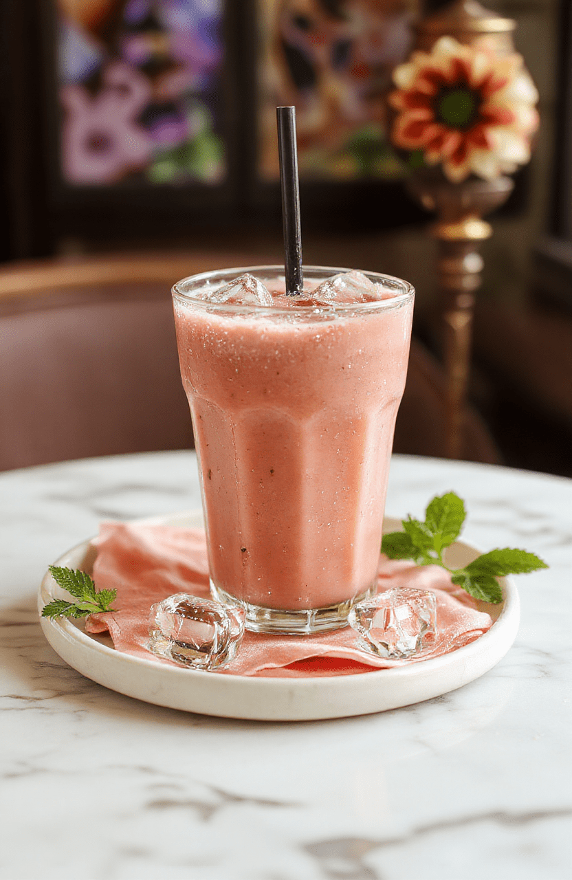 Vibrant pink bubble tea in a clear glass cube with tapioca pearls at the bottom, garnished with fresh strawberries and edible glitter, sitting on a white marble surface with sparkles and whimsical fairy lights in background, soft lighting, cinematic style