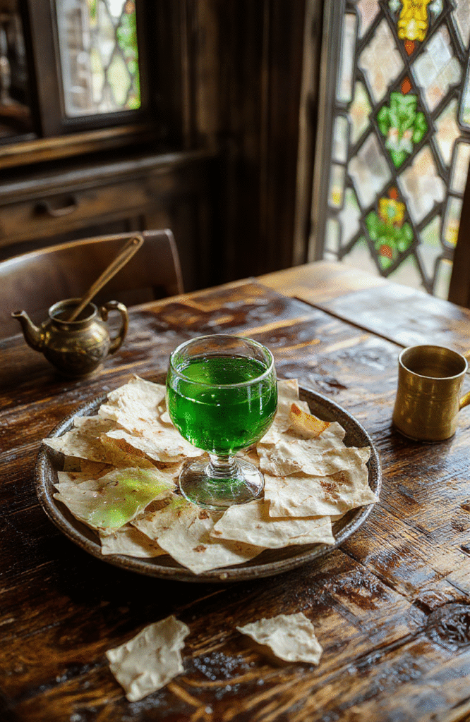Vibrant emerald-green glowing potion in a vintage glass flask with gold-rimmed rim, floating silver stars and tiny glowing bubbles, resting on a wooden table with parchment paper and quill nearby, soft candlelight highlights the magical fizz