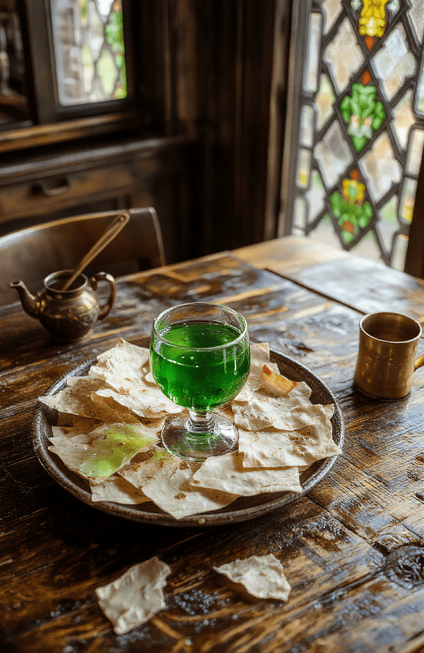 Vibrant emerald-green glowing potion in a vintage glass flask with gold-rimmed rim, floating silver stars and tiny glowing bubbles, resting on a wooden table with parchment paper and quill nearby, soft candlelight highlights the magical fizz