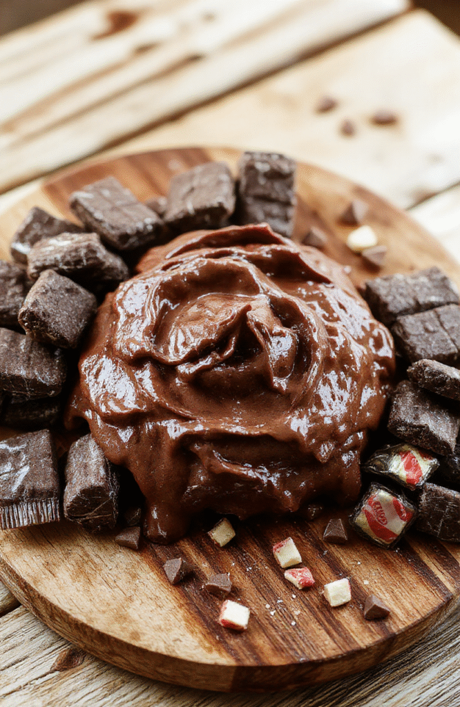 Creamy white chocolate dip swirled with rich chocolate ganache in a rustic ceramic bowl, garnished with edible gold dust, miniature candy pieces, and marshmallow clouds, against a backdrop of chocolate-sauce drizzle on a wooden board
