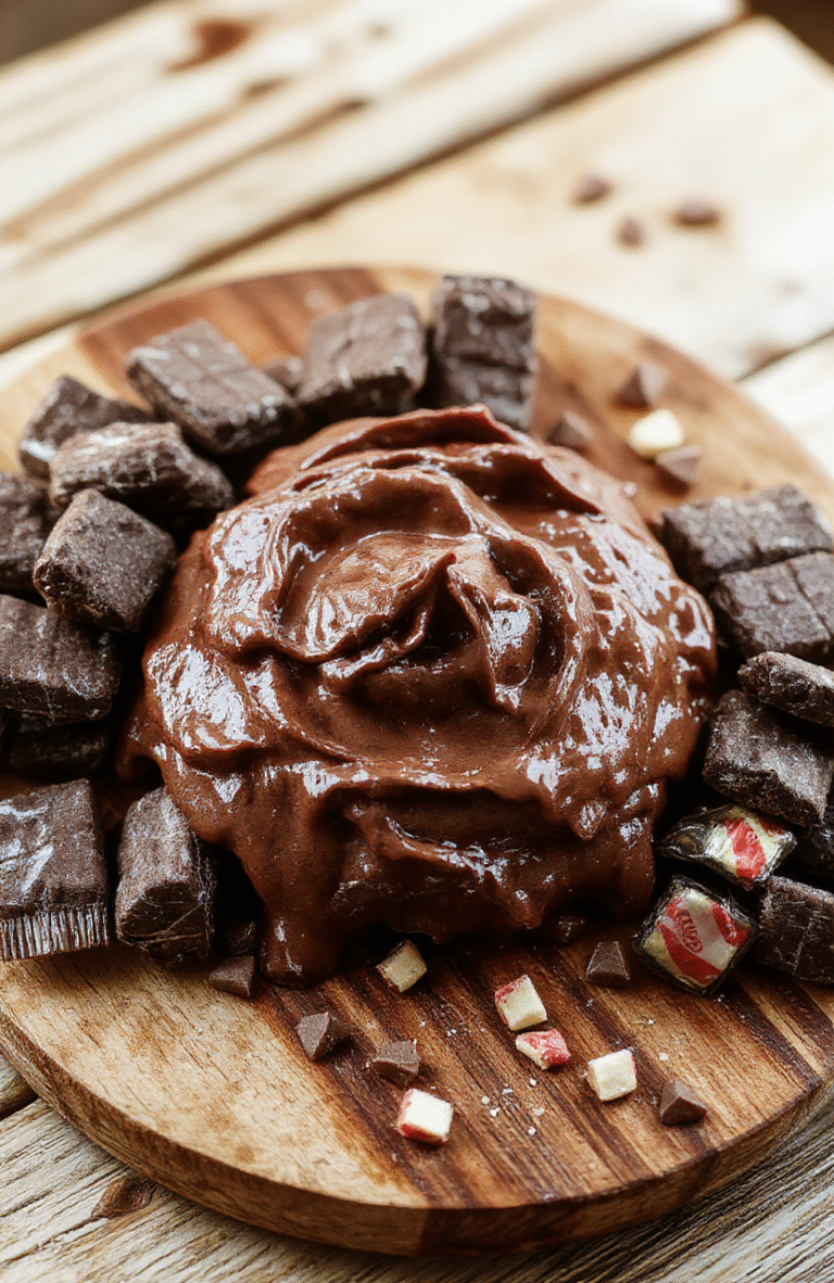 Creamy white chocolate dip swirled with rich chocolate ganache in a rustic ceramic bowl, garnished with edible gold dust, miniature candy pieces, and marshmallow clouds, against a backdrop of chocolate-sauce drizzle on a wooden board
