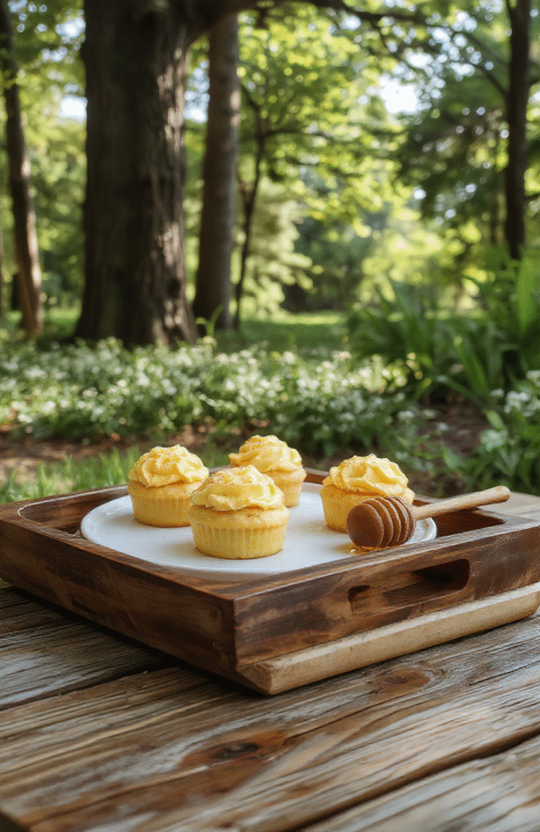 Three Winnie the Pooh-themed cupcakes on a wooden tray with honey pot lids made of fondant, golden buttercream swirls, edible bees, and a drizzle of real honey; fresh wildflowers and dewdrop sugar pearls scattered around, soft natural light, rustic picnic backdrop with plaid cloth and vintage teacups