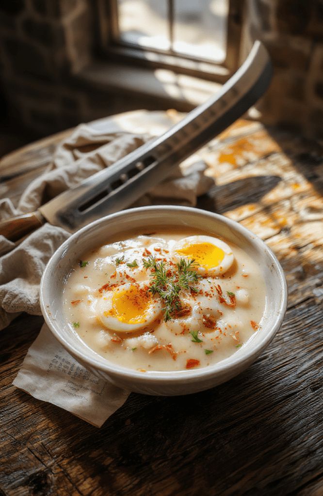 A rustic clay bowl of creamy egg porridge garnished with fresh chives and a drizzle of golden olive oil, placed on a weathered wooden table beside a steel dagger and a crumpled parchment map, under soft morning light filtering through a stone castle window.