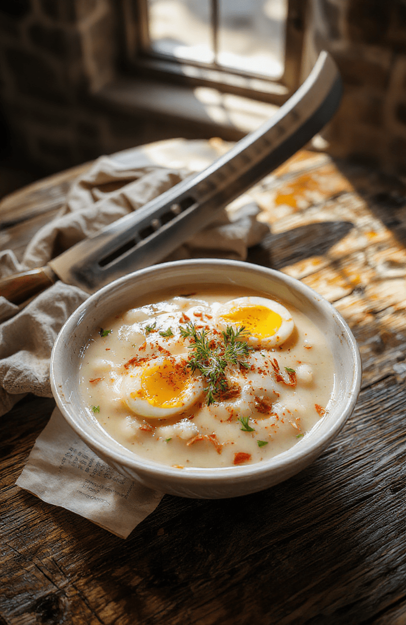A rustic clay bowl of creamy egg porridge garnished with fresh chives and a drizzle of golden olive oil, placed on a weathered wooden table beside a steel dagger and a crumpled parchment map, under soft morning light filtering through a stone castle window.