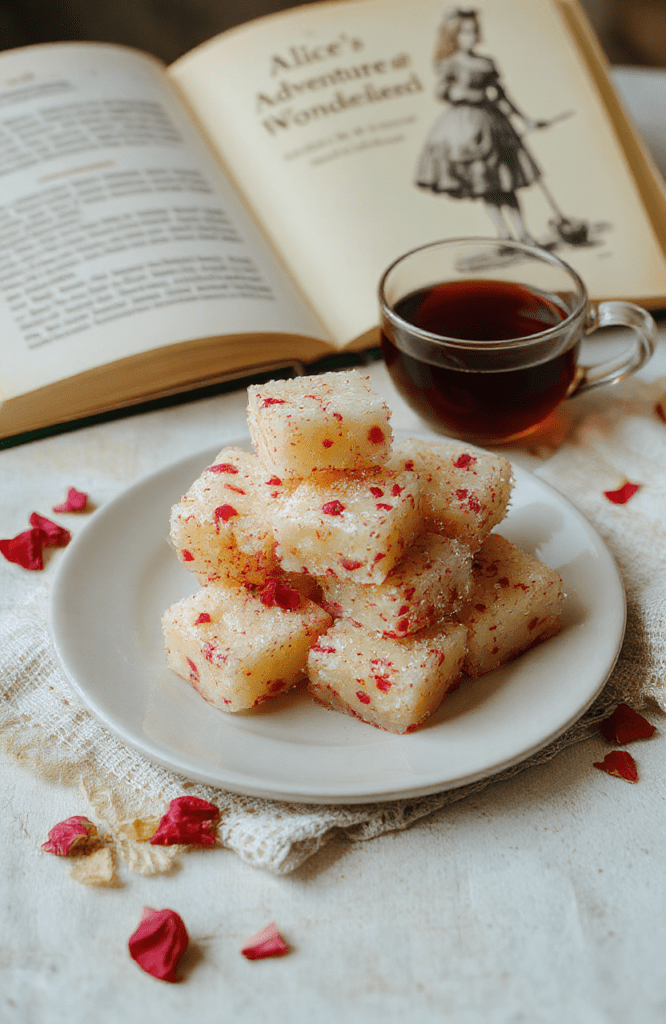 Vibrant pink and purple agar agar cubes in various sizes with shimmering edible glitter, placed on a vintage lace-trimmed checkerboard cloth beside a teacup and一本 open Alice in Wonderland book. Soft light highlights the jiggly, translucent texture and pastel hues of the gummy-like treats.