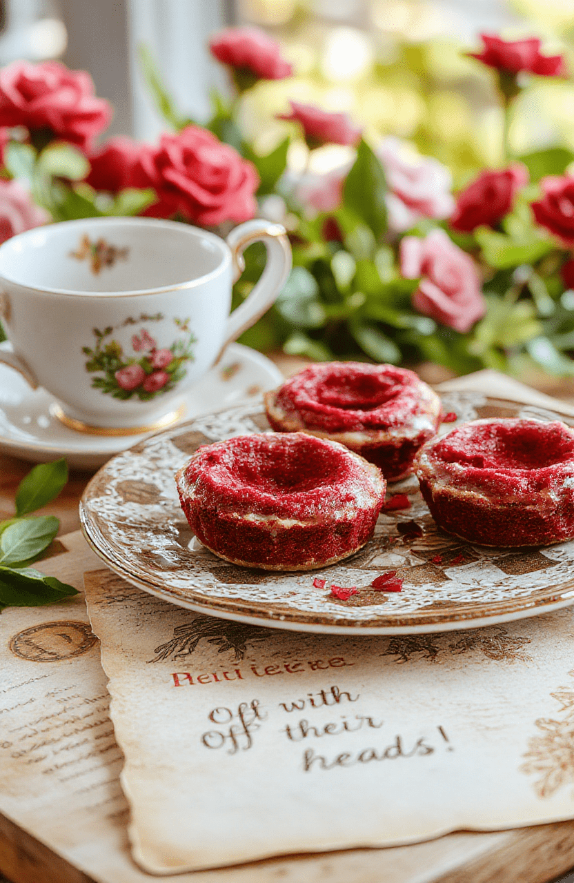 A set of three vivid crimson red velvet tartlets on a vintage-style checkerboard plate, each topped with royal purple royal icing and a golden heart-shaped fondant seal, garnished with edible gold dust and fresh raspberries, against a backdrop of lace and antique tea straws, under soft natural daylight.