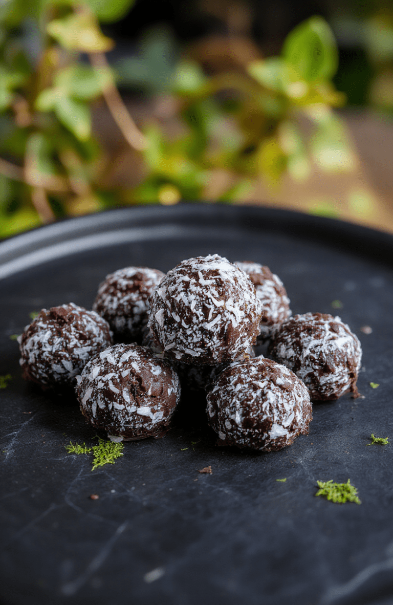 Glowing electric-blue coconut truffles dusted with edible shimmer powder, arranged on a dark slate tile beside a sprig of mint and a drizzle of golden agave syrup, soft ambient light reflecting off their moist, matte surface