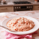 Bright pink creamy pasta with fusilli coils tossed in a vivid tomato-cream sauce, garnished with edible pink glitter, fresh basil leaves, and a sprinkle of pink sea salt, served in a sleek white ceramic bowl on a pastel pink marble surface, with Barbie-branded napkins and a sparkly wooden spoon in the background, natural daylight, shallow depth of field