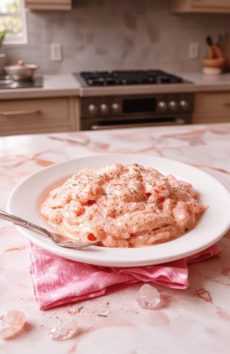 Bright pink creamy pasta with fusilli coils tossed in a vivid tomato-cream sauce, garnished with edible pink glitter, fresh basil leaves, and a sprinkle of pink sea salt, served in a sleek white ceramic bowl on a pastel pink marble surface, with Barbie-branded napkins and a sparkly wooden spoon in the background, natural daylight, shallow depth of field