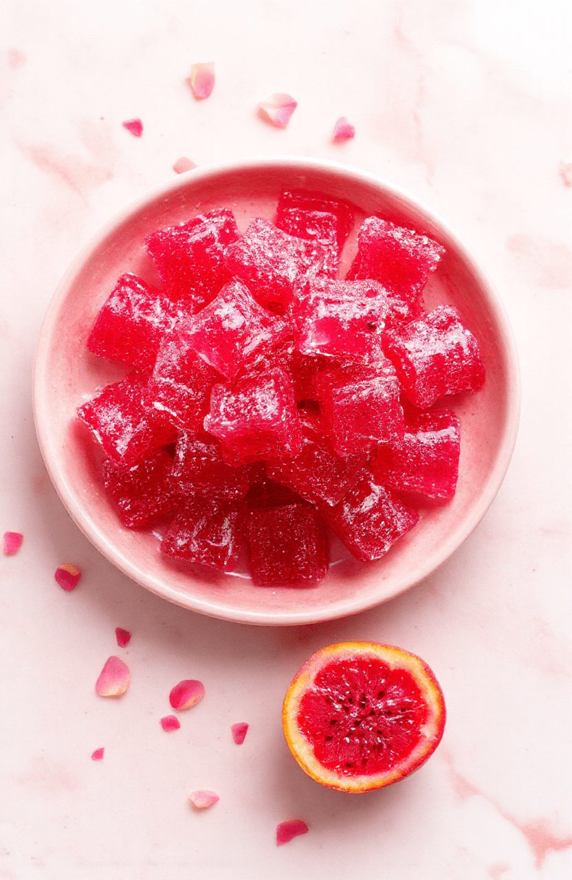 Vibrant neon-pink dragonfruit gummy bears arranged in a glossy pink plastic mold tray against a soft pastel pink background, with glittering sugar crystals and fresh dragonfruit slices nearby, sunlight casting soft highlights