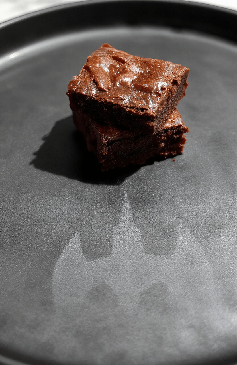 Rectangular dark chocolate brownies with a glossy cracked top, drizzled with white chocolate bat shapes and sprinkled with espresso granules, placed on a matte black ceramic plate with subtle gothic architectural engravings, soft shadows and natural window light casting a moody Gotham-inspired glow.