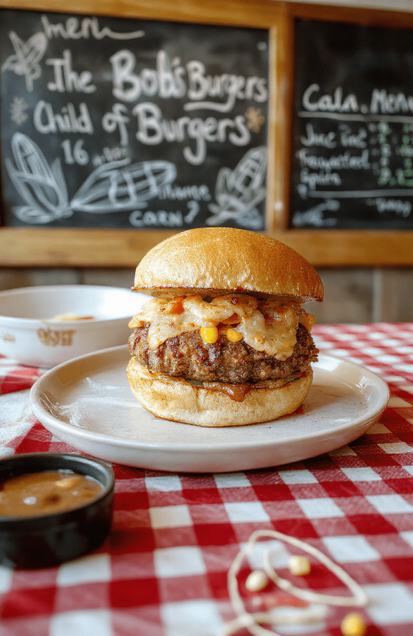 Juicy beef burger patty with melted cheddar, sandwiched between two golden-brown cornmeal-dusted brioche buns, topped with crispy fried corn kernels and pickles, served on a rustic wooden board with corn-on-the-cob and ketchup drizzle on the side.