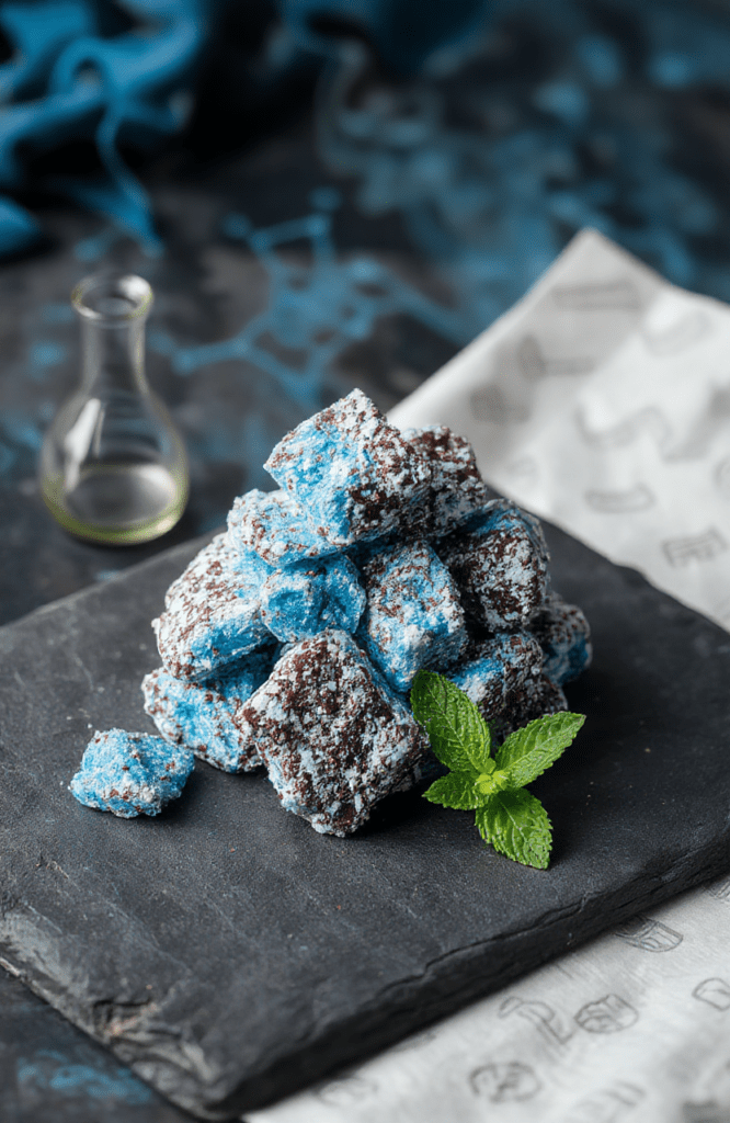 Glowing translucent blue rock candy shards arranged on a dark slate surface with faint meth-lab glassware silhouettes etched subtly into the stone, scattered with white sugar crystals and a sprig of mint for contrast, under soft natural daylight with shallow depth of field
