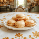 Delicate pastel pink and gold-dusted Bridgerton-style macarons arranged on a vintage lace-trimmed white porcelain plate, with a side of crystal champagne flute filled with golden bubbly, soft sunlight highlighting the glossy shells and airy meringue frames