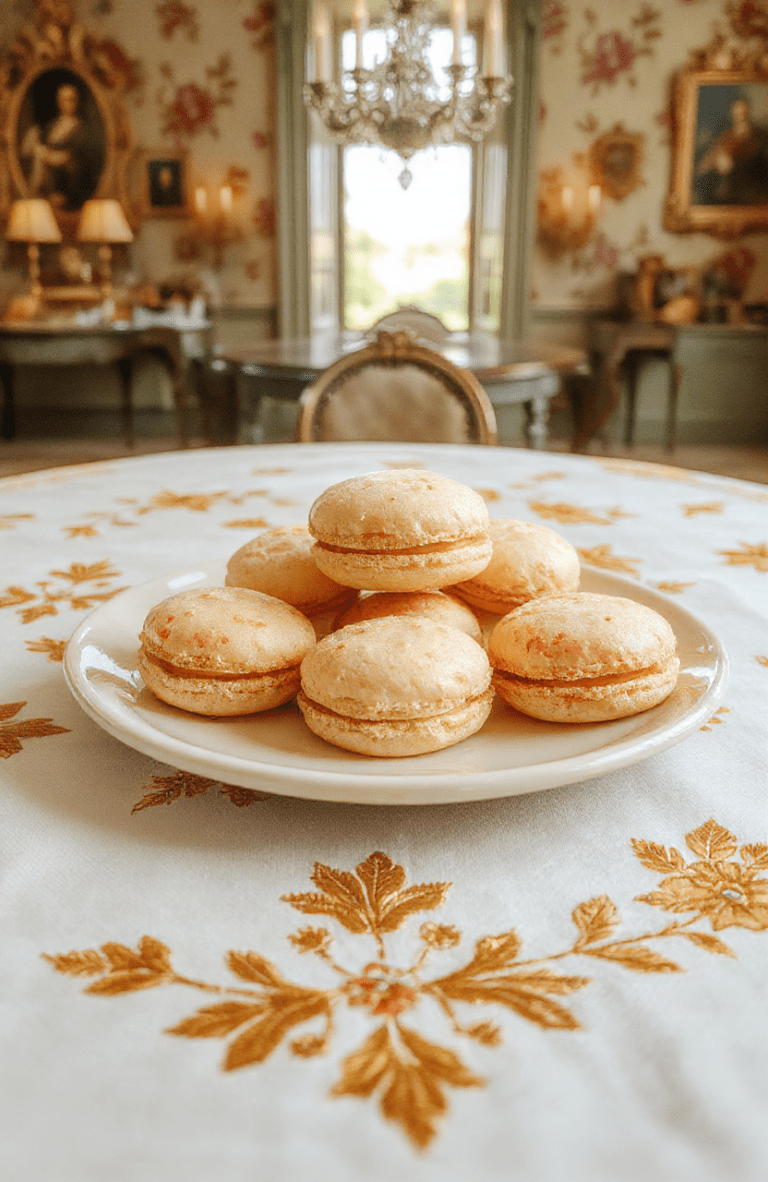 Delicate pastel pink and gold-dusted Bridgerton-style macarons arranged on a vintage lace-trimmed white porcelain plate, with a side of crystal champagne flute filled with golden bubbly, soft sunlight highlighting the glossy shells and airy meringue frames