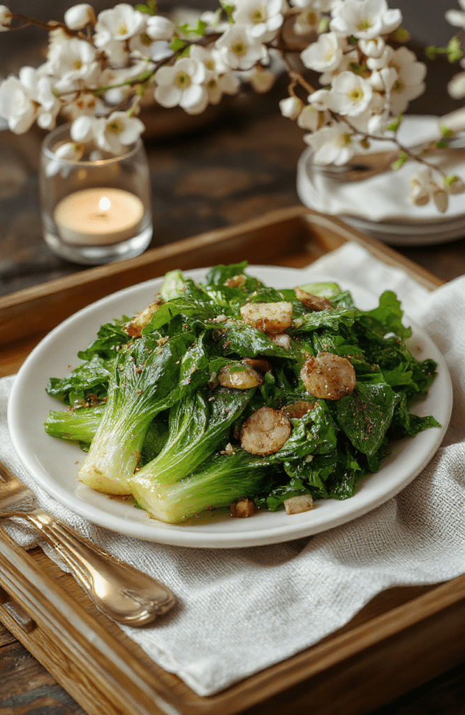 Vibrant, freshly sautéed bok choy with golden lemon-garlic glaze, glistening with olive oil, nestled on a crisp white ceramic plate. Stems crisp-tender, leaves emerald-green with charred edges, garnished with microgreens and flaky sea salt, against a soft-focused Regency-era linen backdrop.