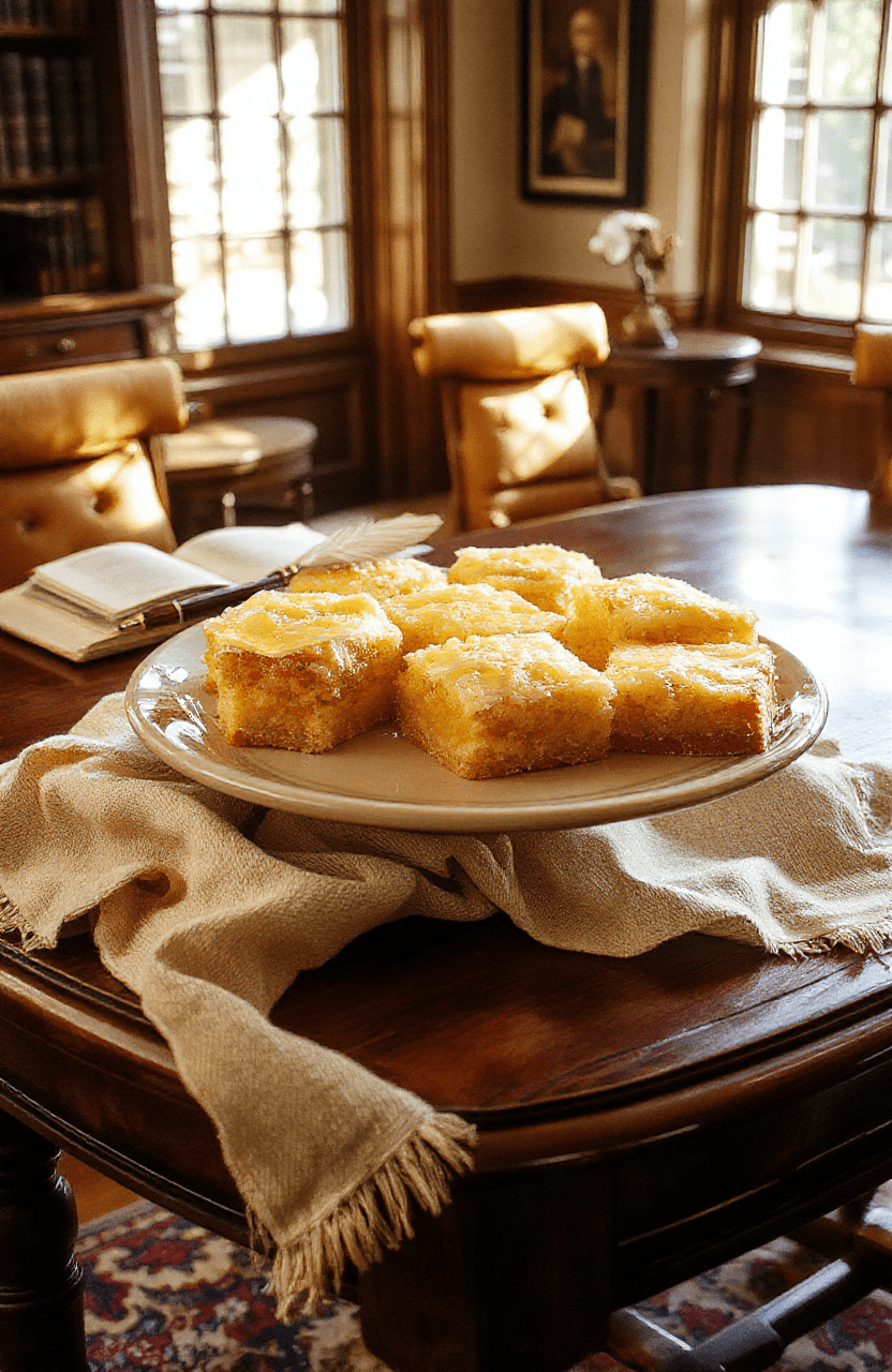 Golden-brown Bridgerton lemon bars resting on an elegant white lace-trimmed porcelain plate, dusted with powdered sugar in a delicate pattern, surrounded by edible rose petals and fresh lemon zest, set on a light oak table рядом with a vintage teacup and a handwritten note saying ' Letter to Edith'. Soft natural light, shallow depth of field.