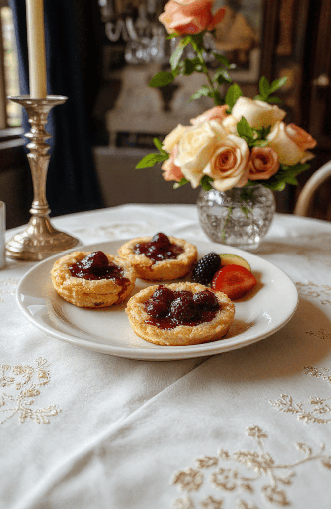 Elegant miniature fruit tarts on a tiered silver cake stand, filled with creamy custard and topped with vibrant seasonal berries—strawberries,蓝berries, and blackberries—arranged in floral patterns. Golden lattice crusts glisten under soft light, dusted with powdered sugar, set againsta marble slab with faint gold veins.